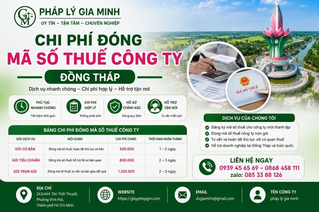 Chi phí đóng mã số thuế công ty Đồng Tháp