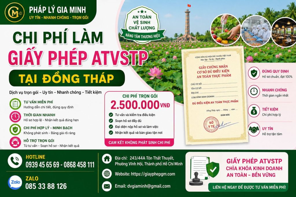 Dịch vụ vệ sinh an toàn thực phẩm tại Đồng Tháp 5 Chi phí làm giấy phép ATVSTP Đồng Tháp