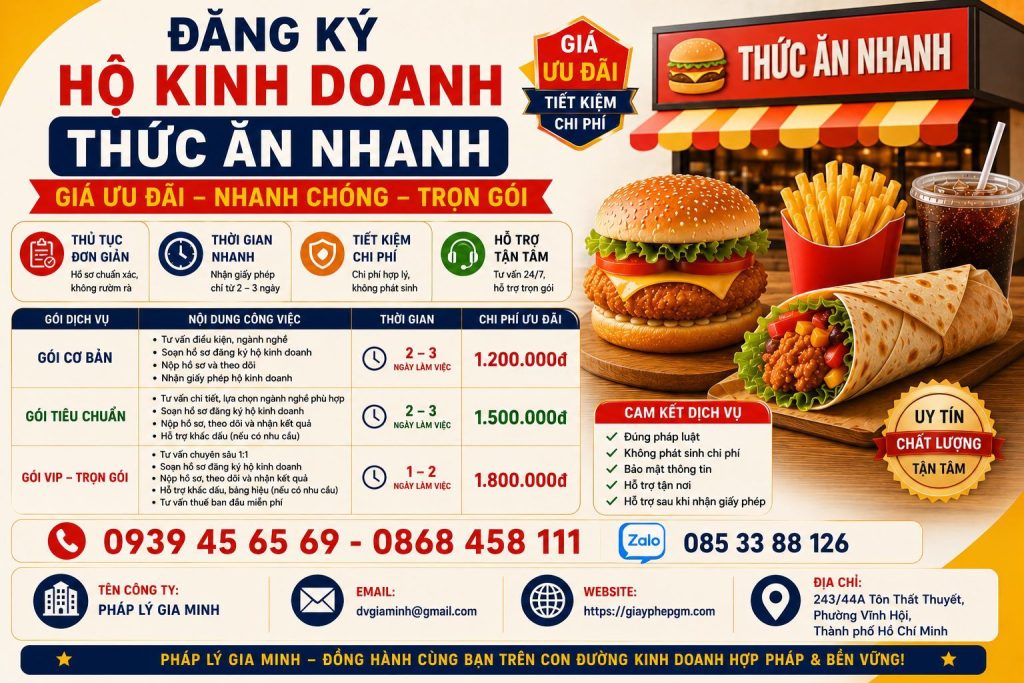 Chi phí thành lập hộ kinh doanh thức ăn nhanh