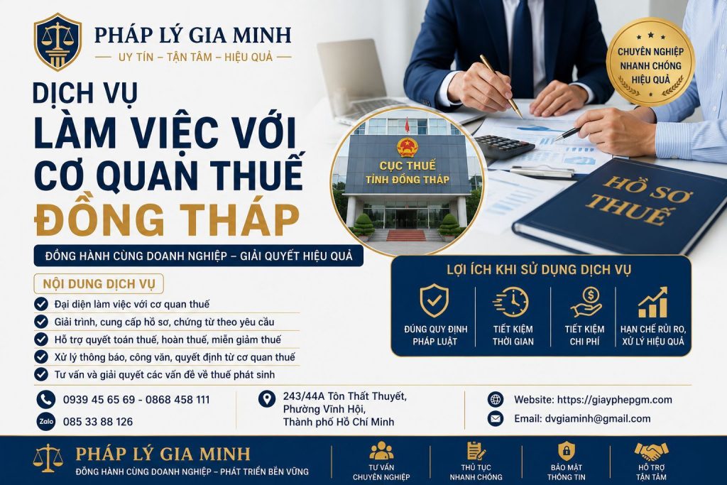 Dịch vụ quyết toán thuế tại Đồng Tháp chuyên nghiệp, an toàn, tối ưu rủi ro doanh nghiệp 9 Dịch vụ làm việc với cơ quan thuế Đồng Tháp